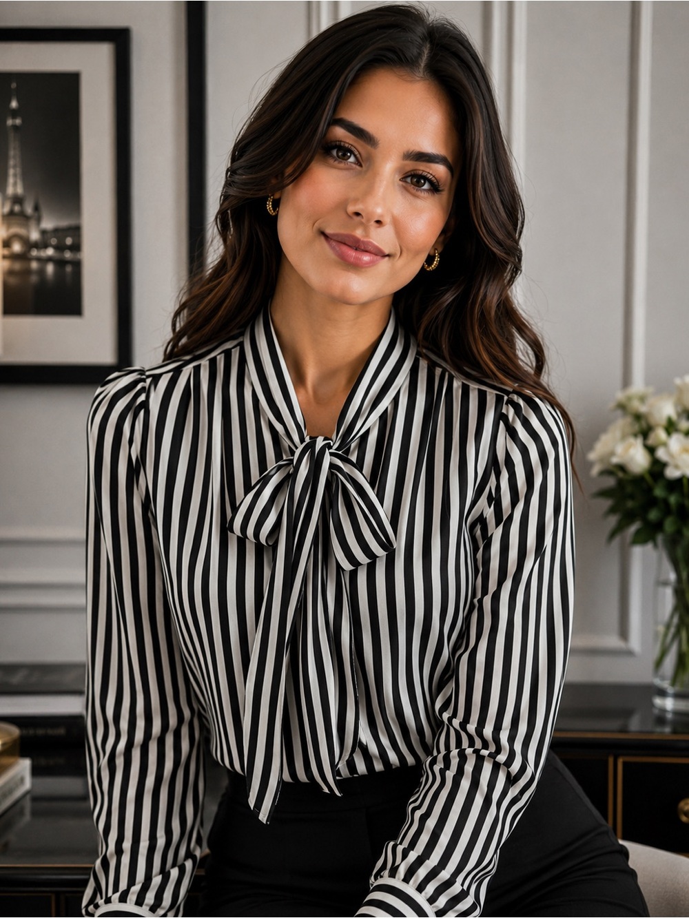 WORTHINGTON Black & White Striped Blouse PM